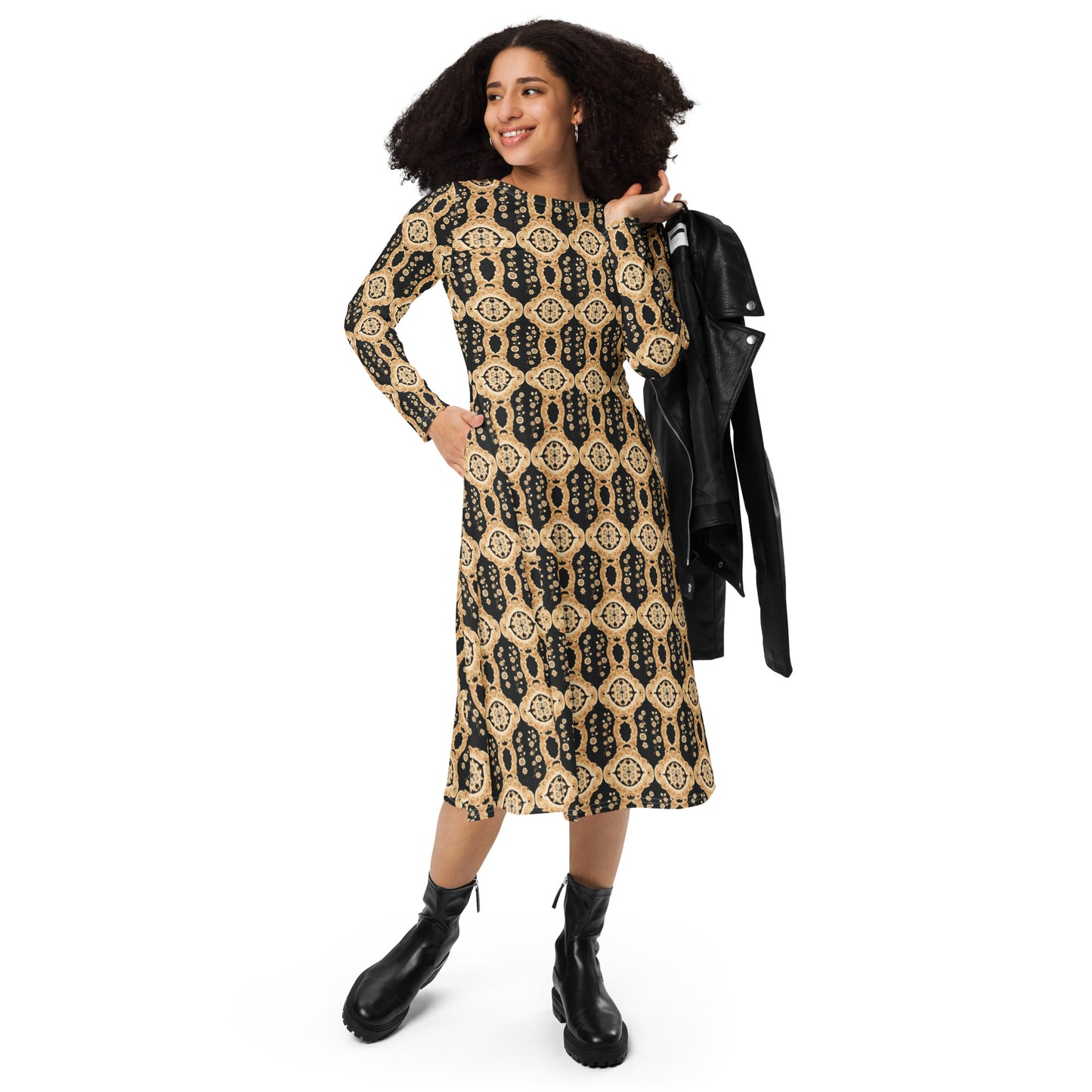 All-over print long sleeve midi dress