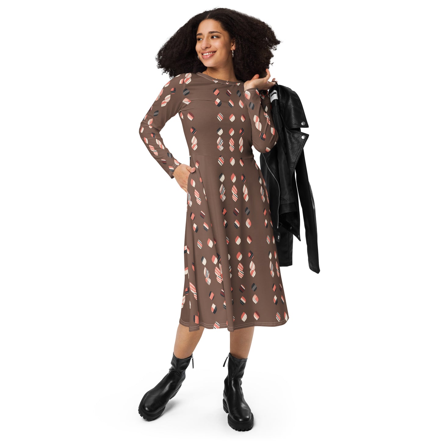 All-over print long sleeve midi dress