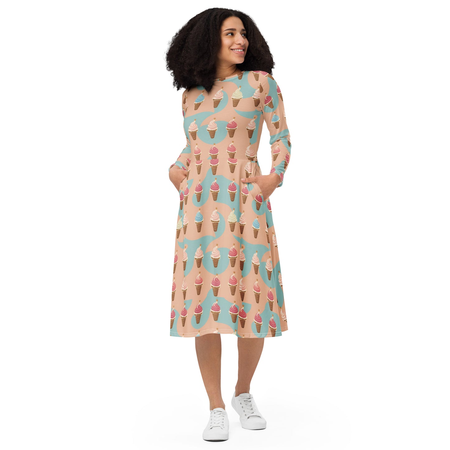 All-over print long sleeve midi dress