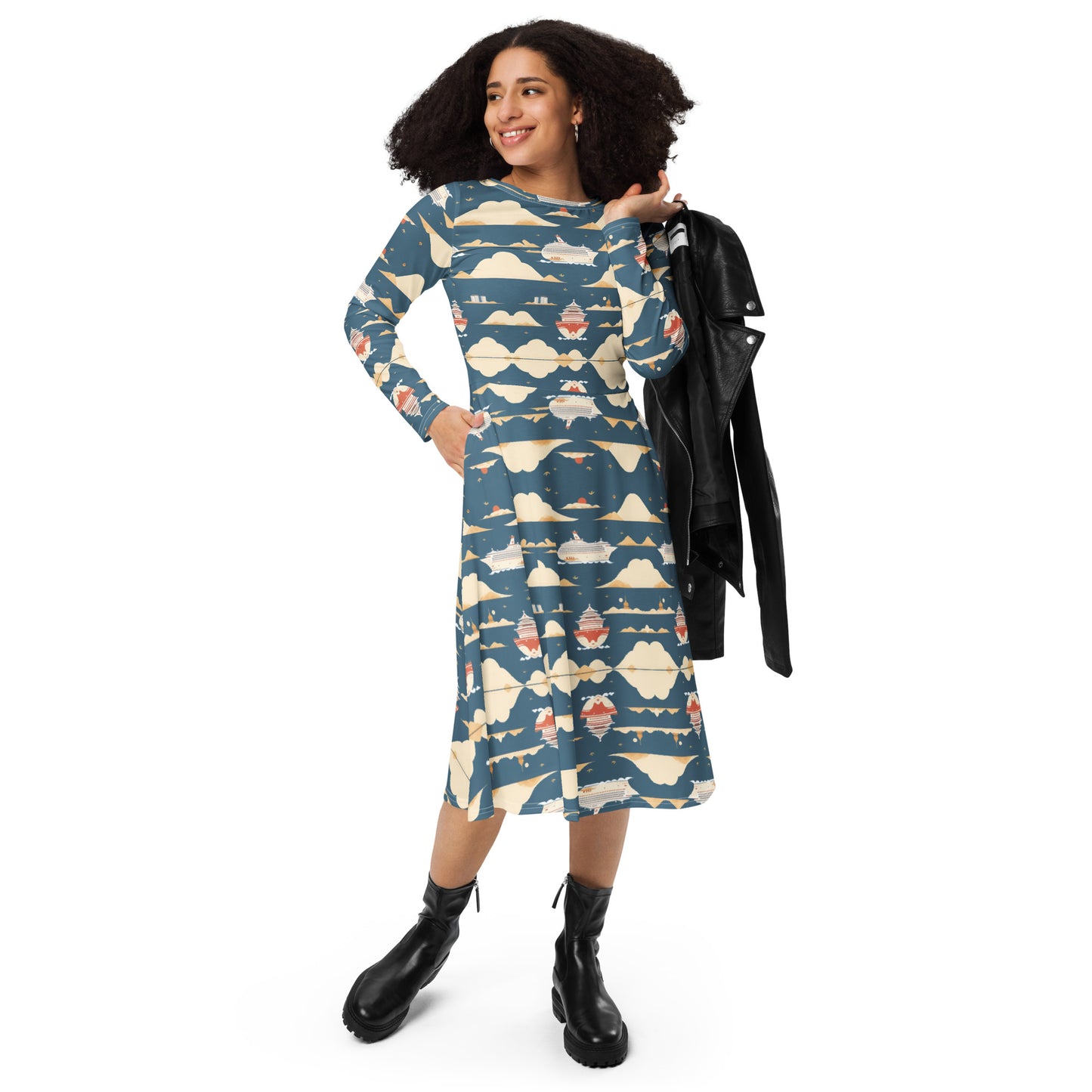 All-over print long sleeve midi dress