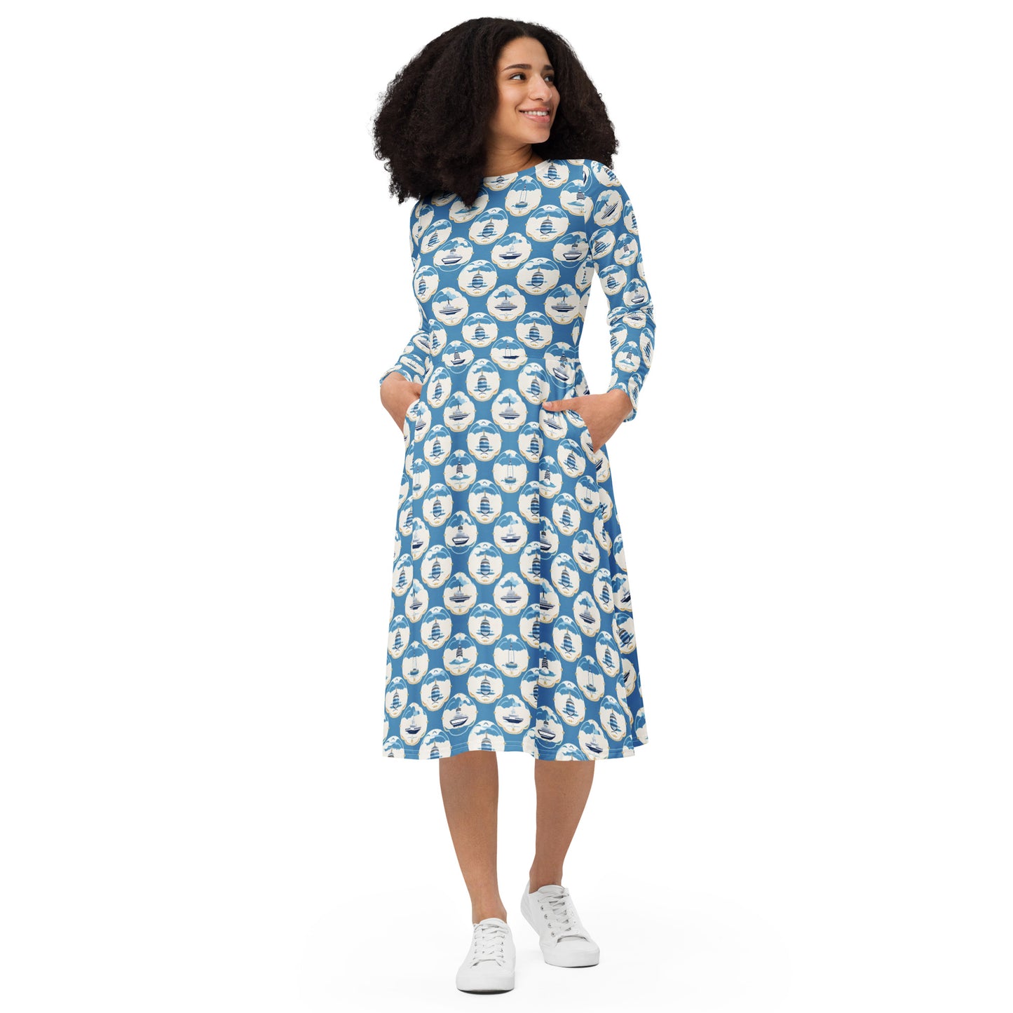 All-over print long sleeve midi dress