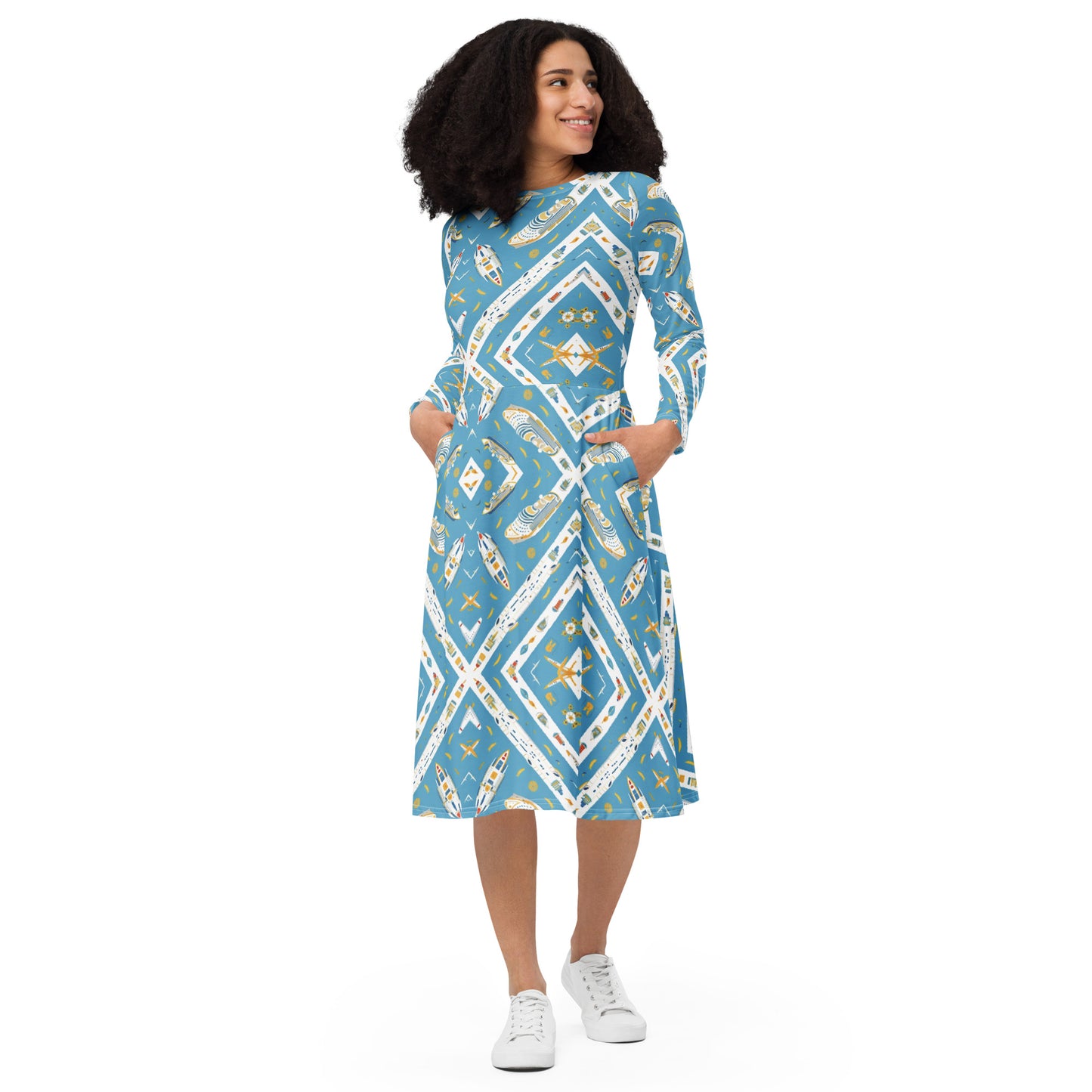 All-over print long sleeve midi dress