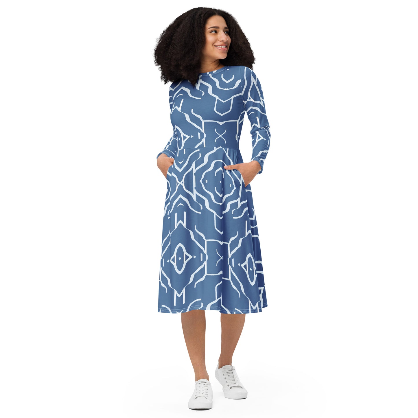 All-over print long sleeve midi dress