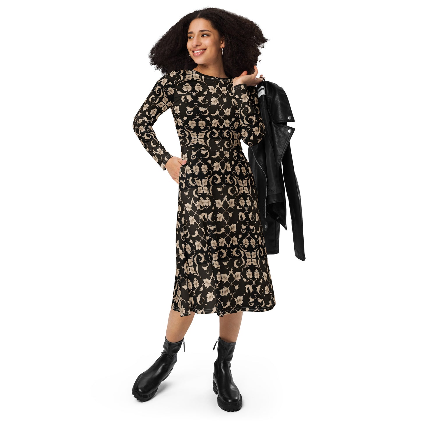 All-over print long sleeve midi dress