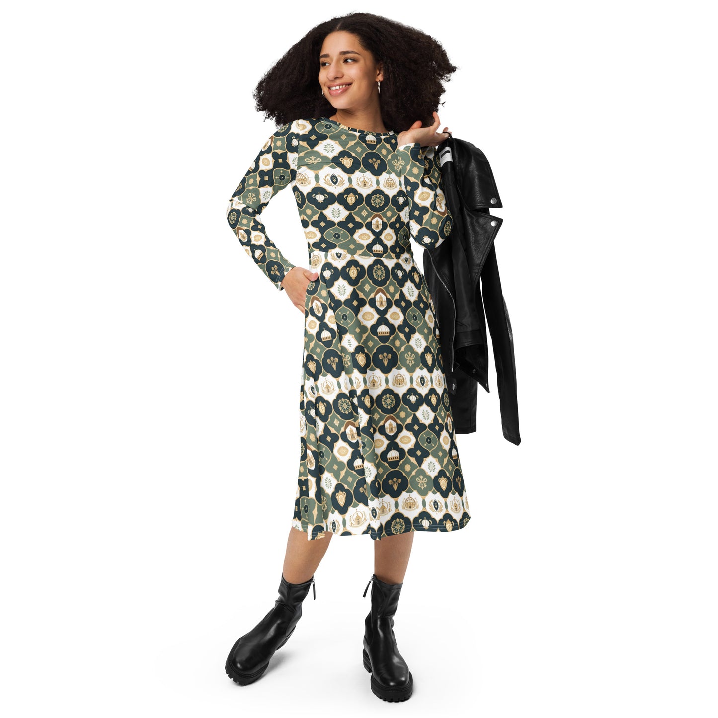 All-over print long sleeve midi dress