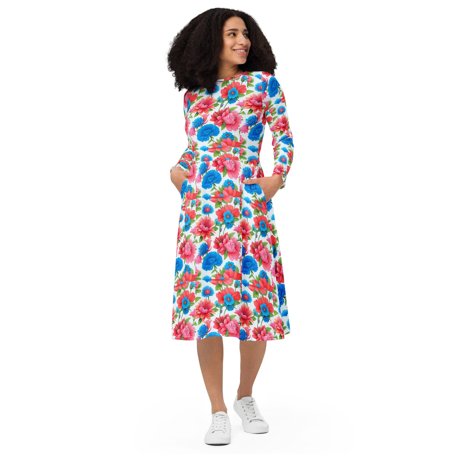 All-over print long sleeve midi dress