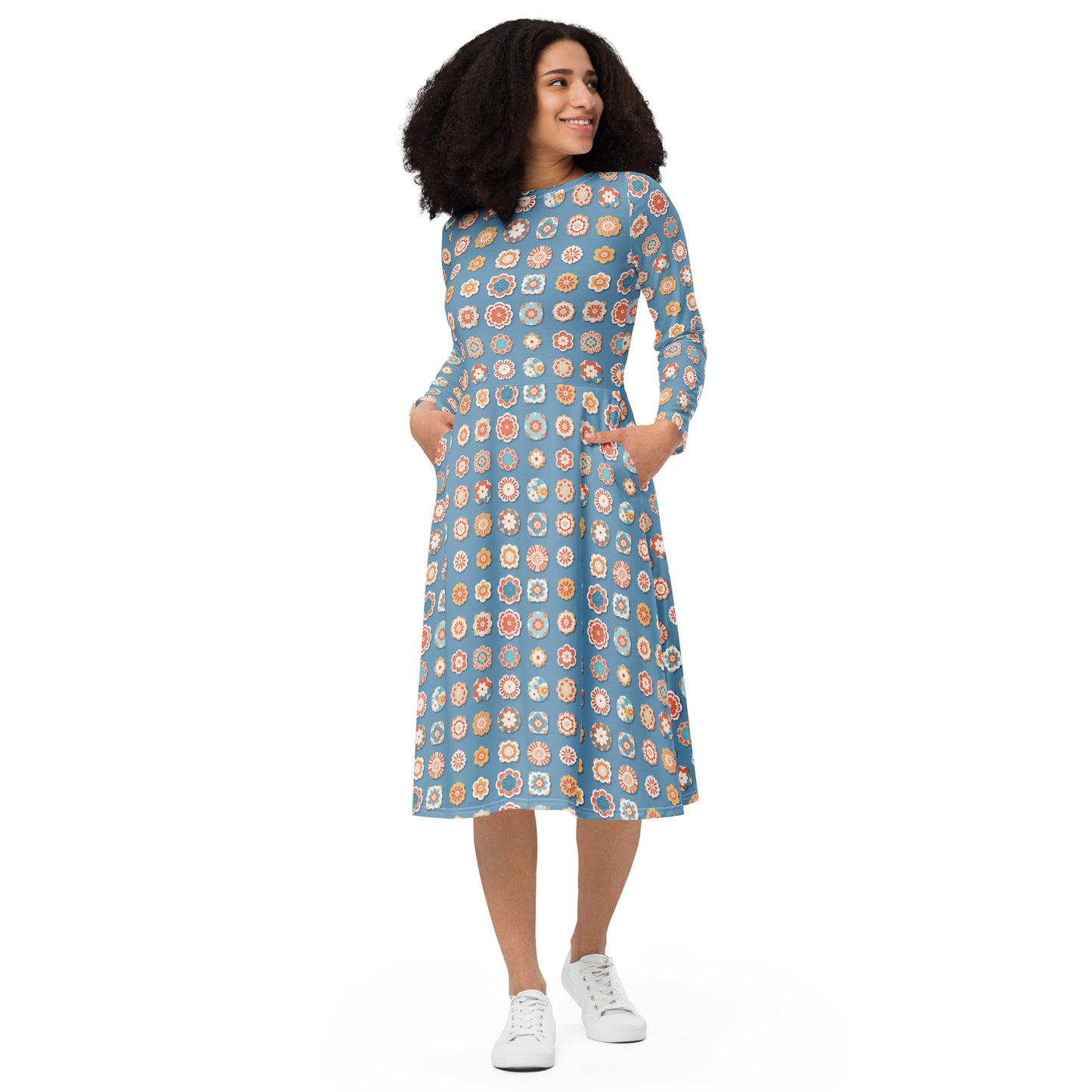 All-over print long sleeve midi dress