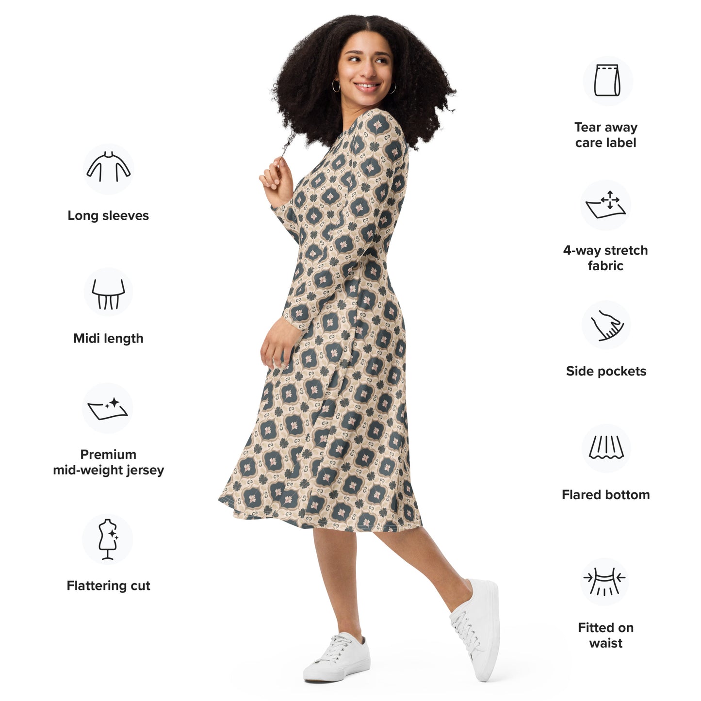 All-over print long sleeve midi dress