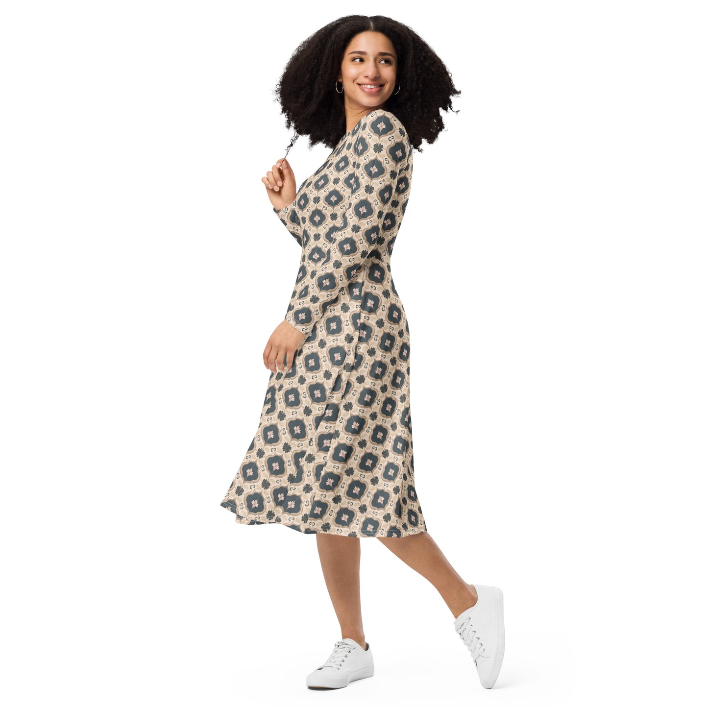 All-over print long sleeve midi dress