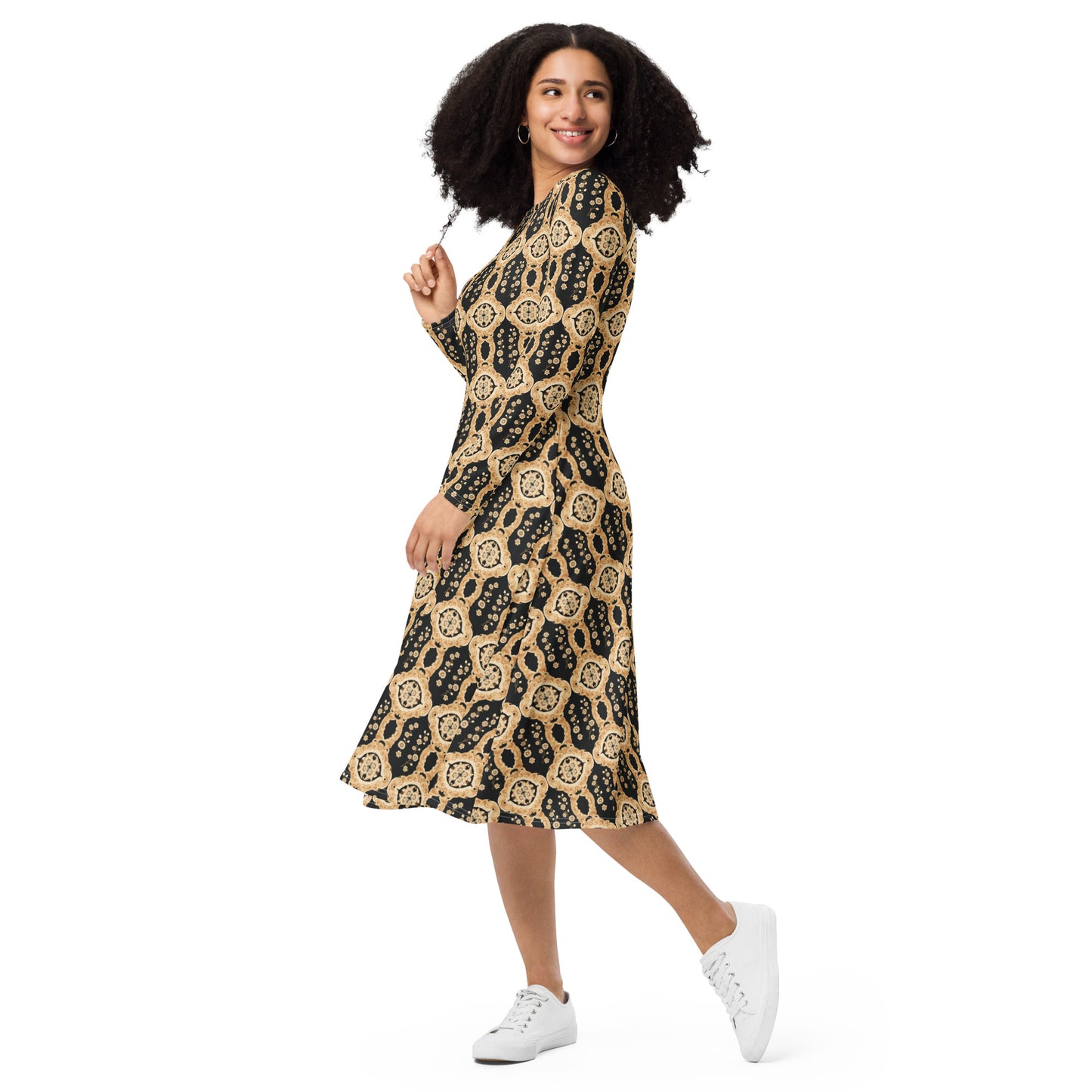 All-over print long sleeve midi dress