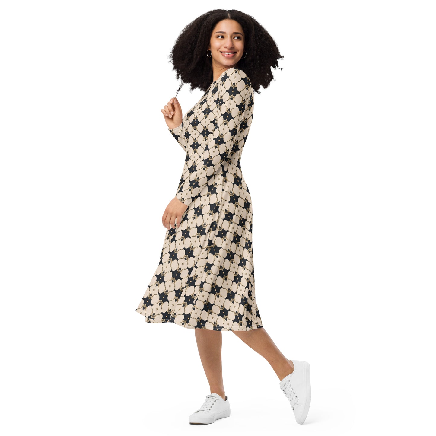 All-over print long sleeve midi dress