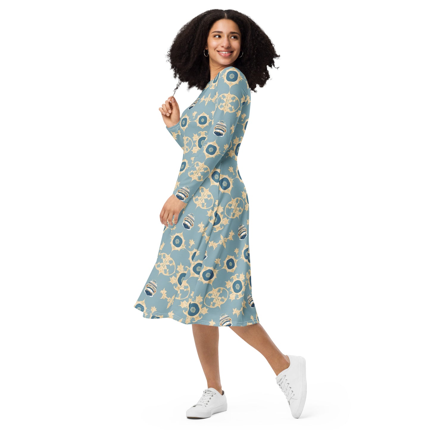 All-over print long sleeve midi dress