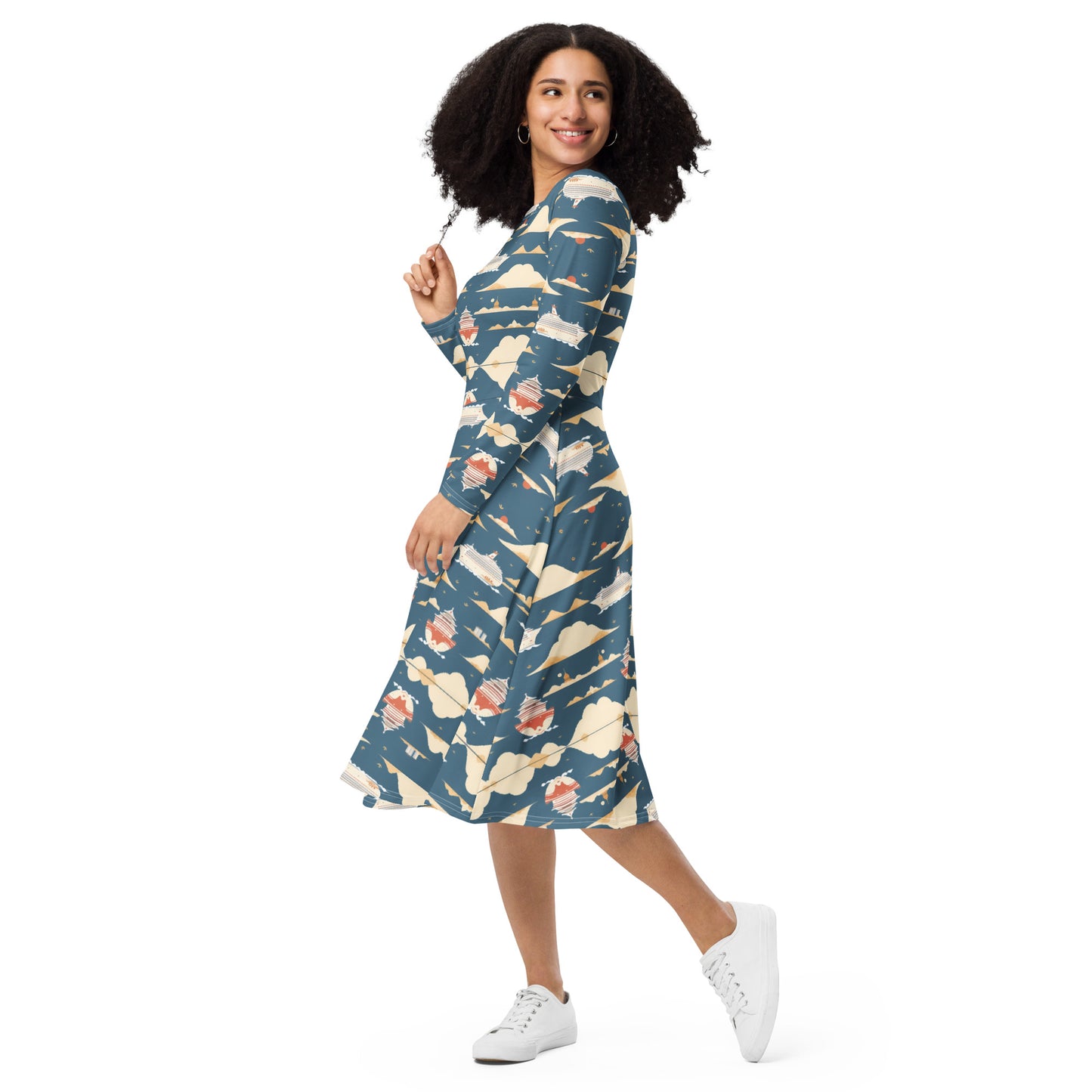 All-over print long sleeve midi dress