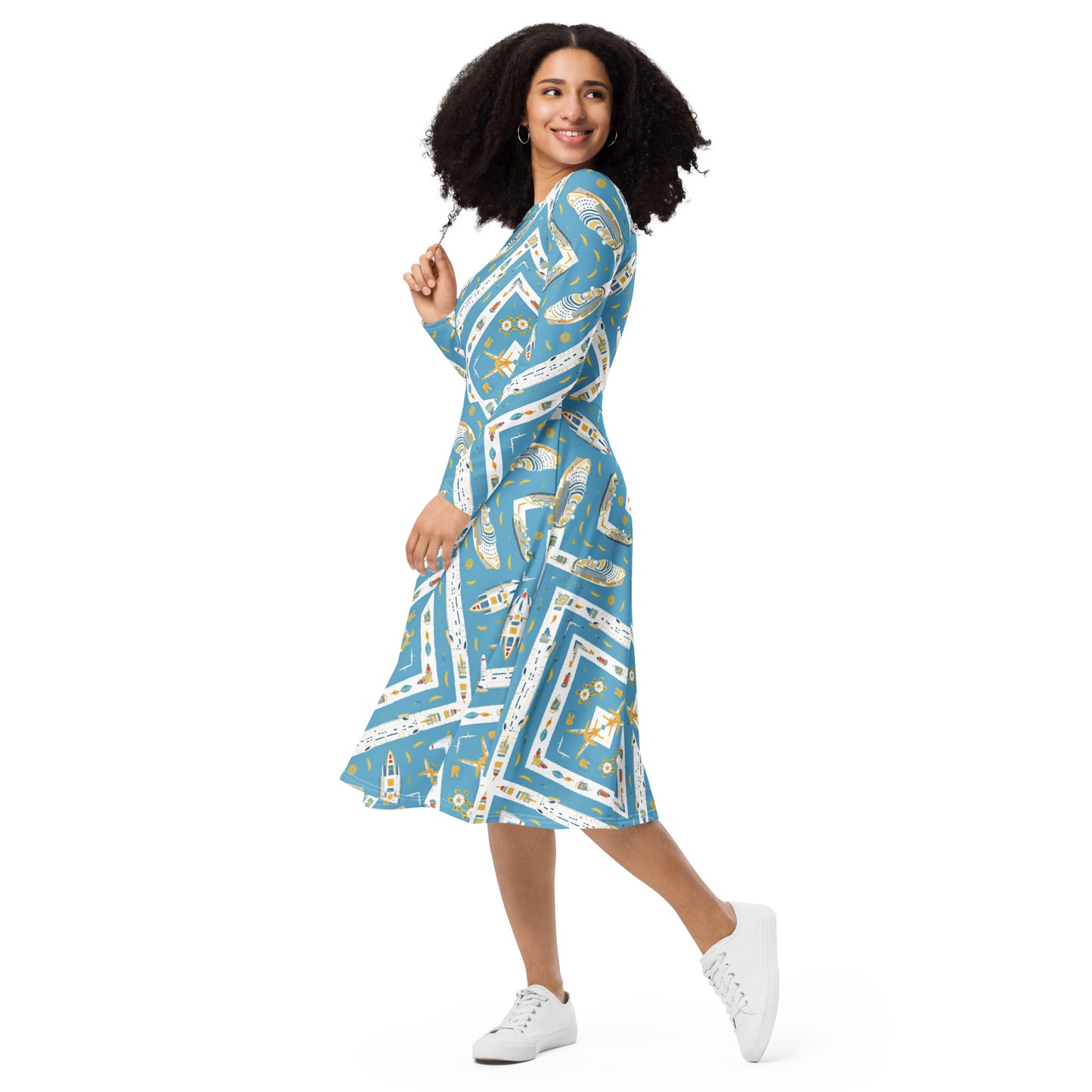 All-over print long sleeve midi dress