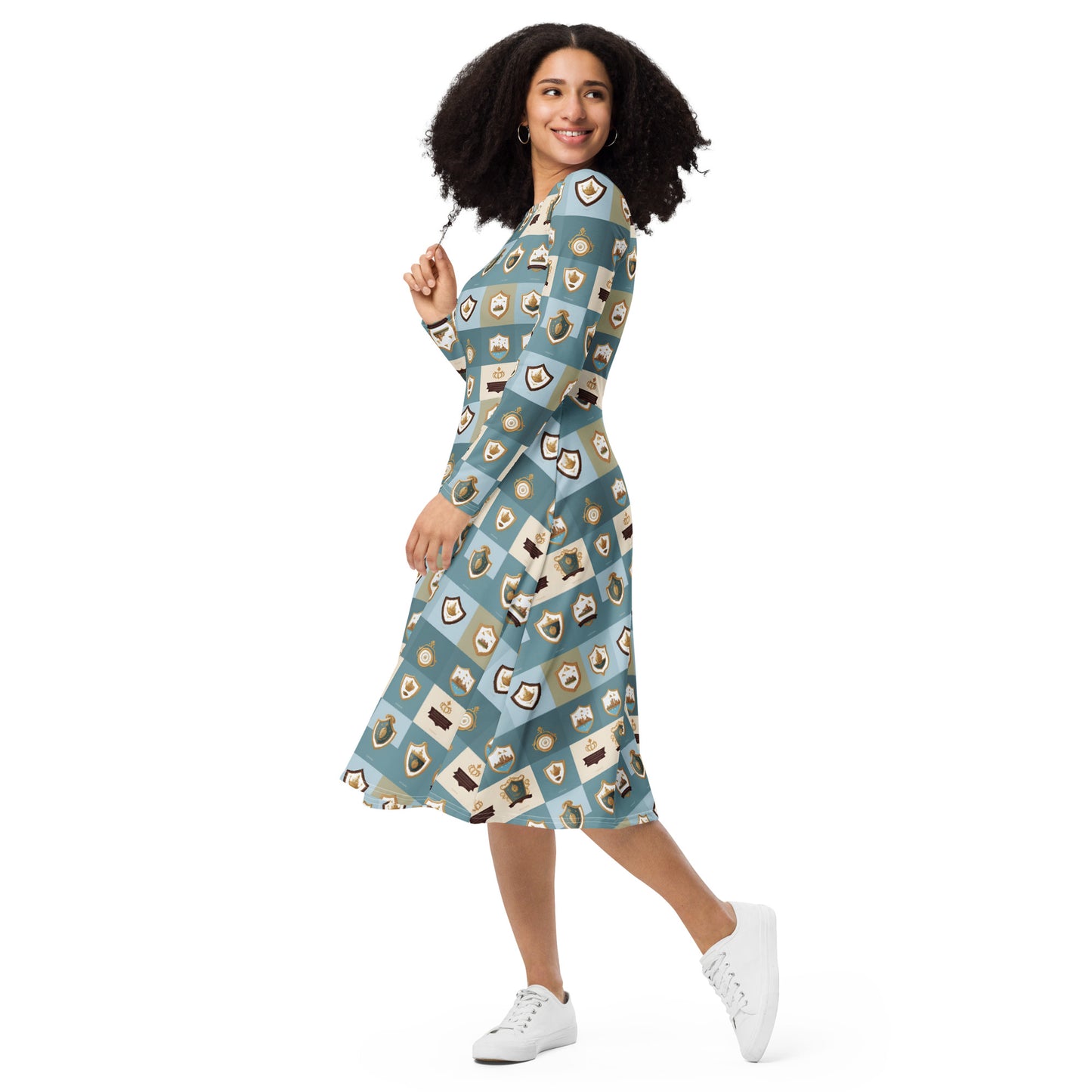 All-over print long sleeve midi dress