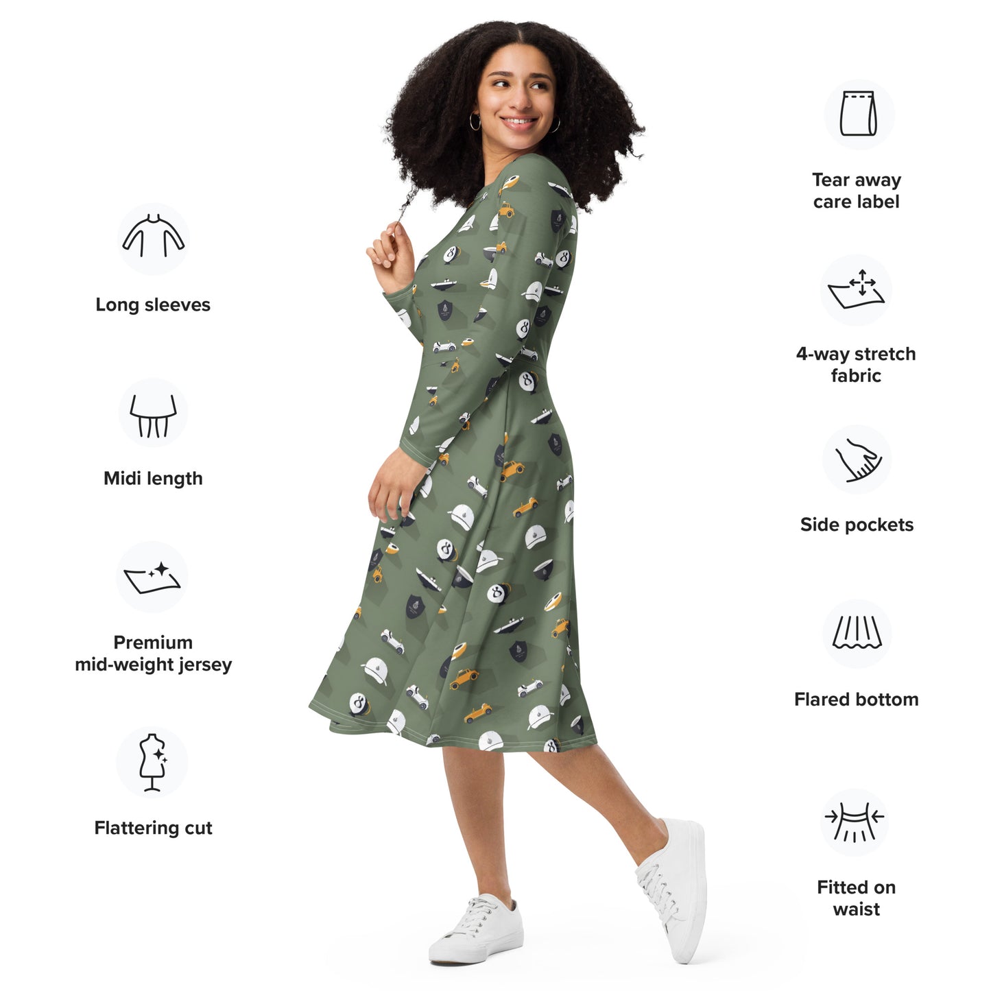 All-over print long sleeve midi dress