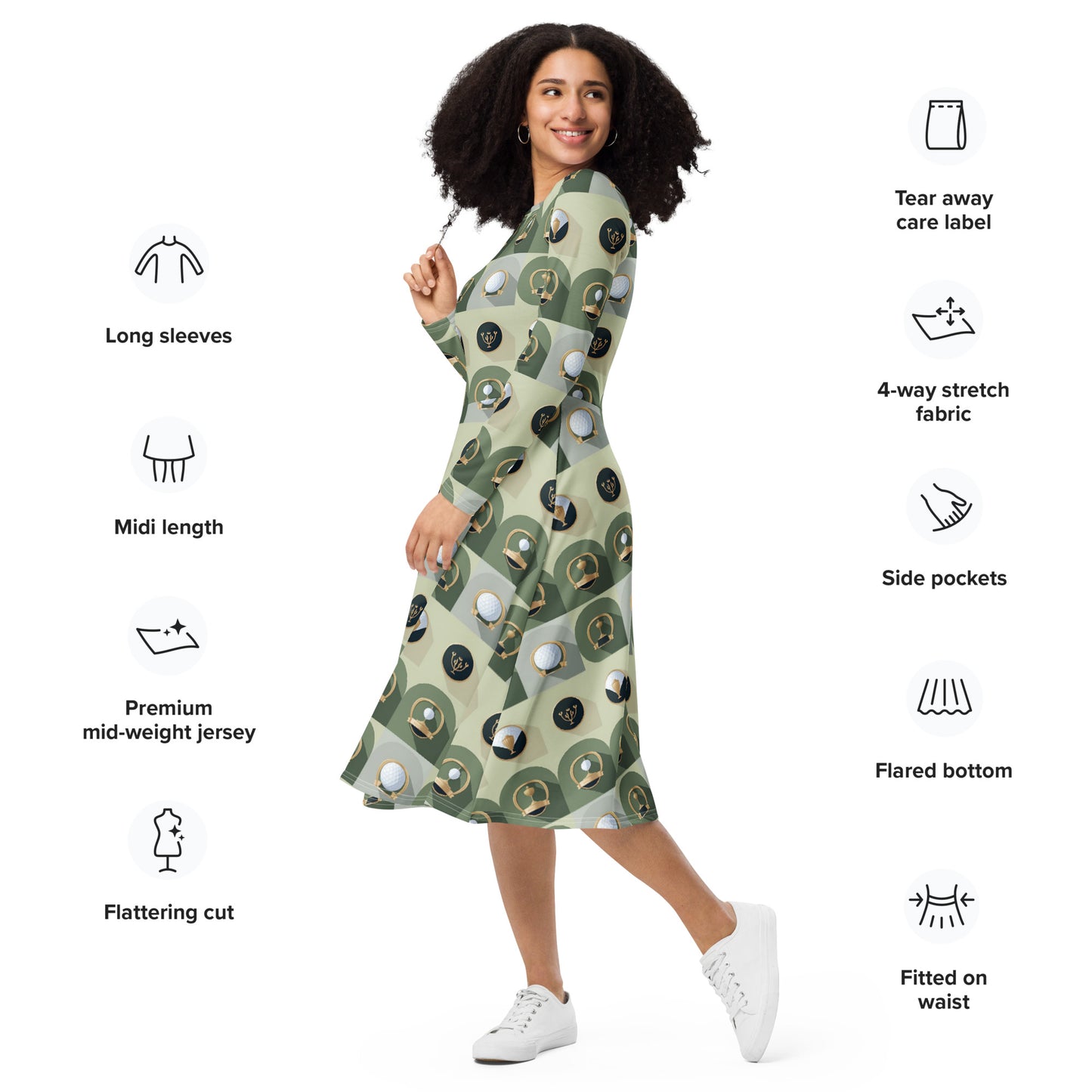 All-over print long sleeve midi dress