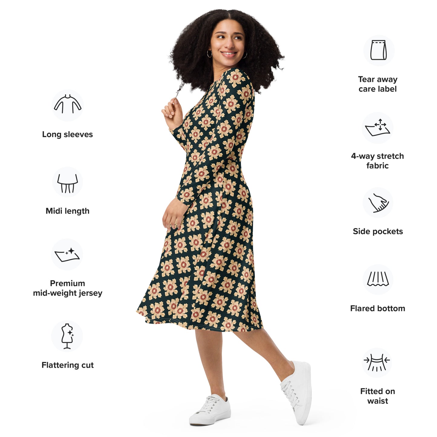 All-over print long sleeve midi dress