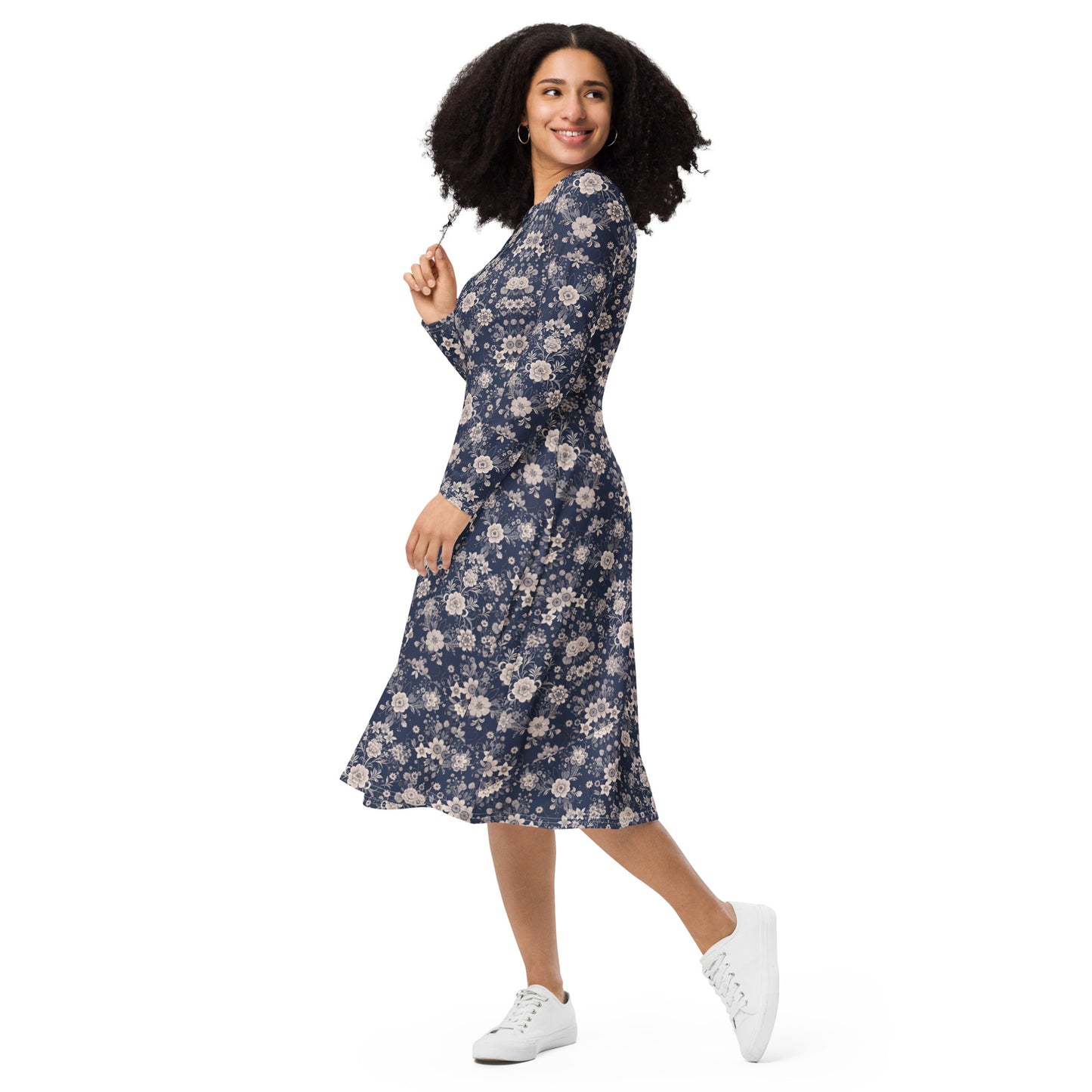 All-over print long sleeve midi dress