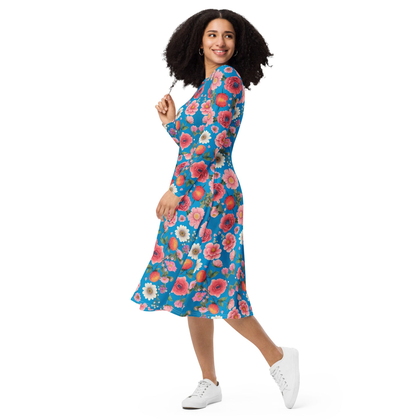 All-over print long sleeve midi dress