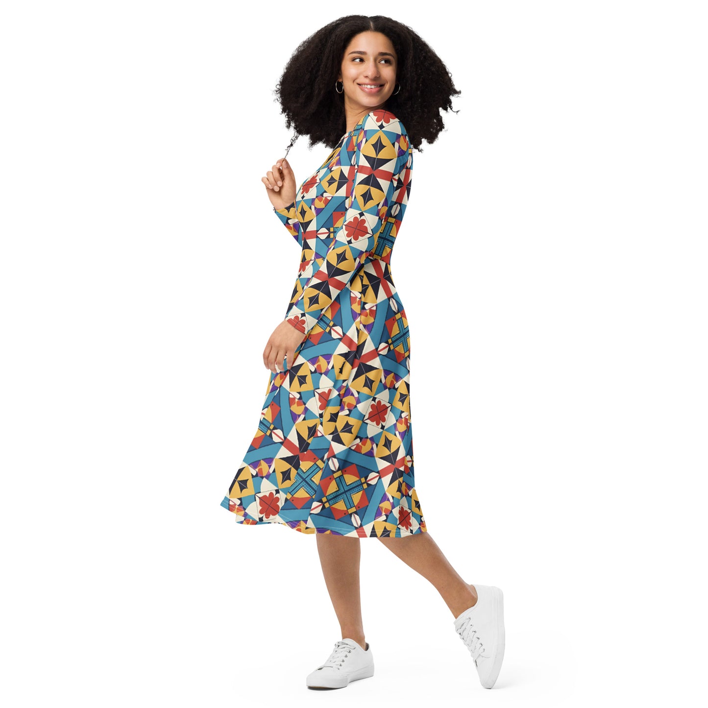 All-over print long sleeve midi dress