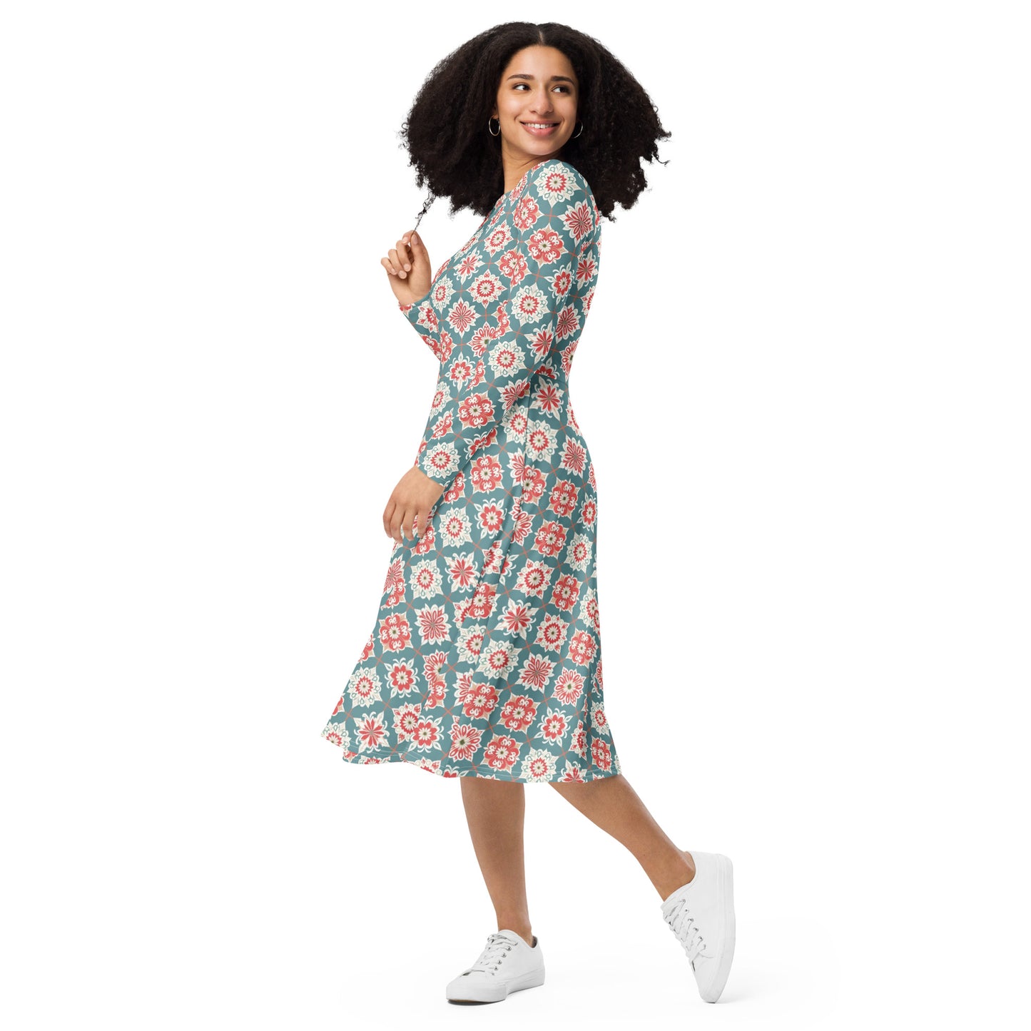 All-over print long sleeve midi dress