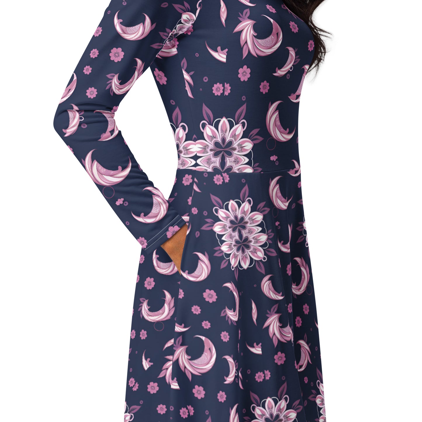 All-over print long sleeve midi dress