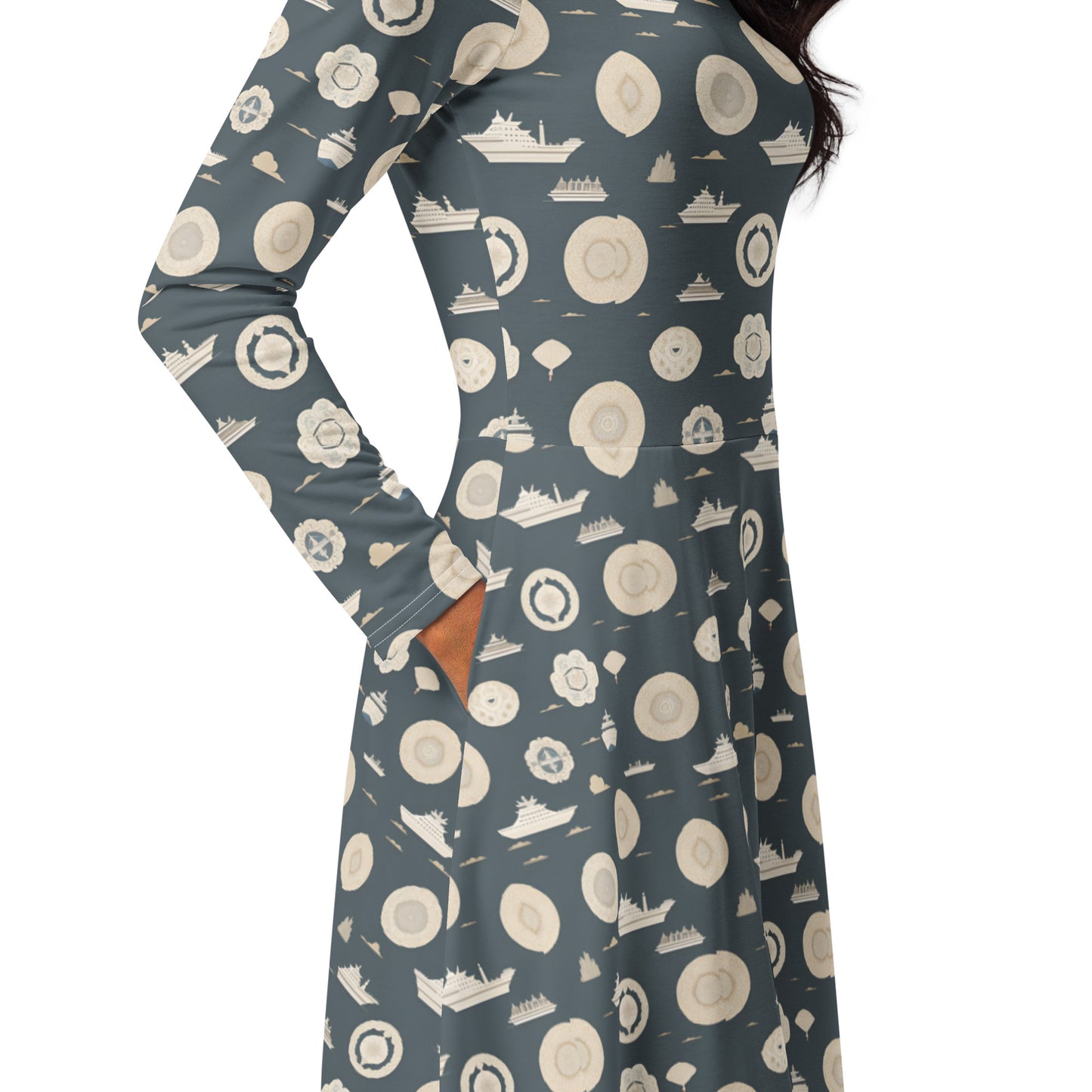 All-over print long sleeve midi dress