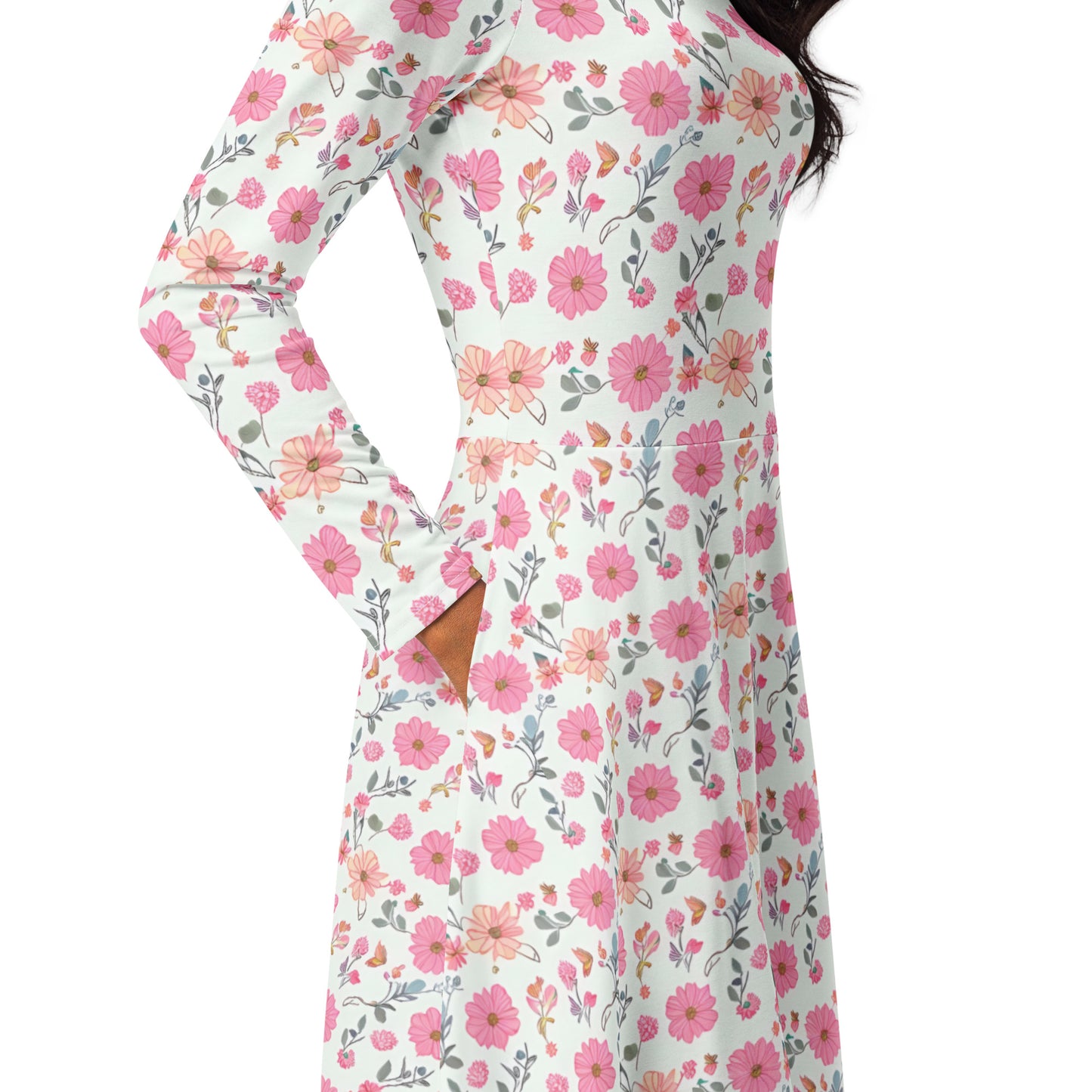 All-over print long sleeve midi dress