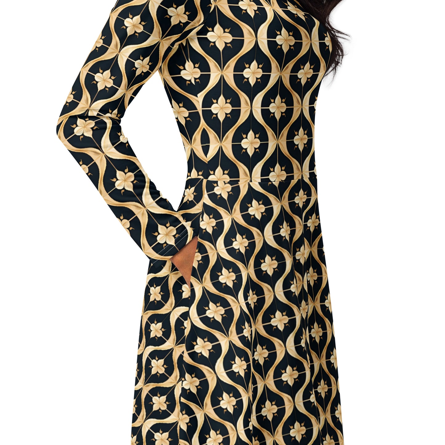 All-over print long sleeve midi dress