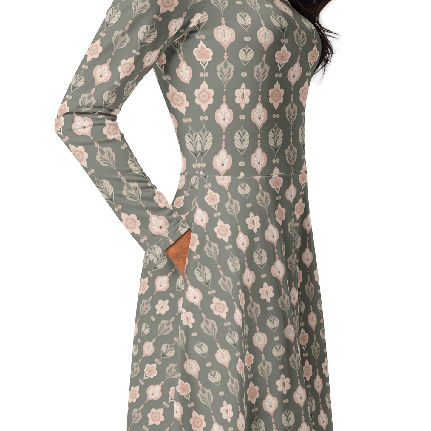 All-over print long sleeve midi dress