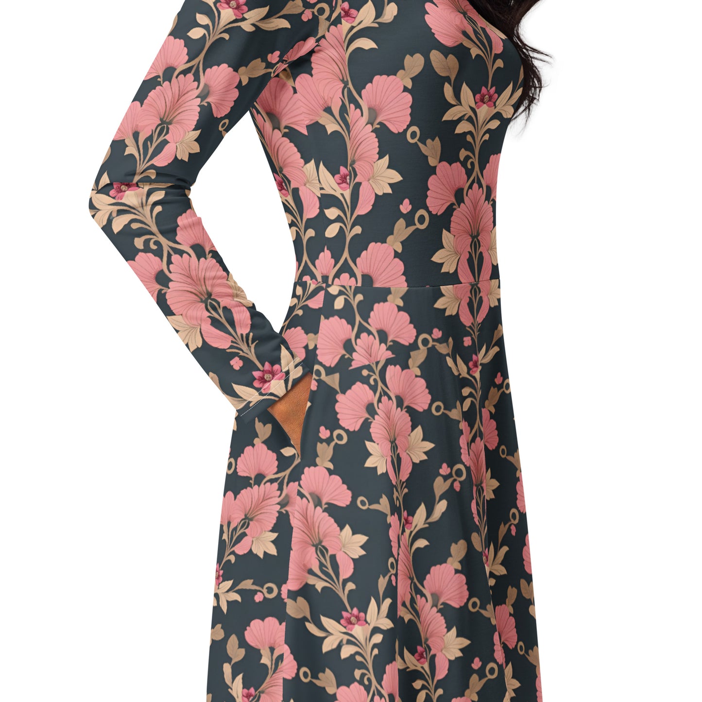 All-over print long sleeve midi dress