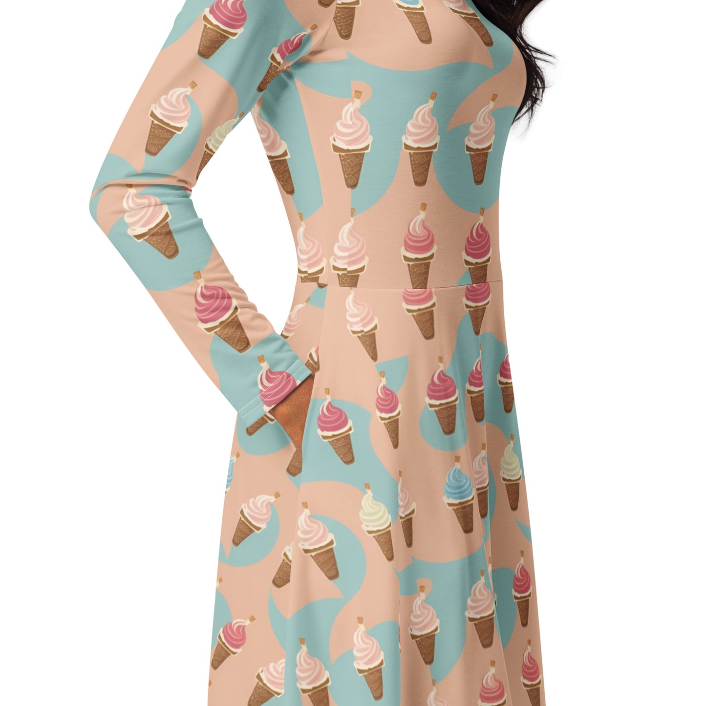 All-over print long sleeve midi dress