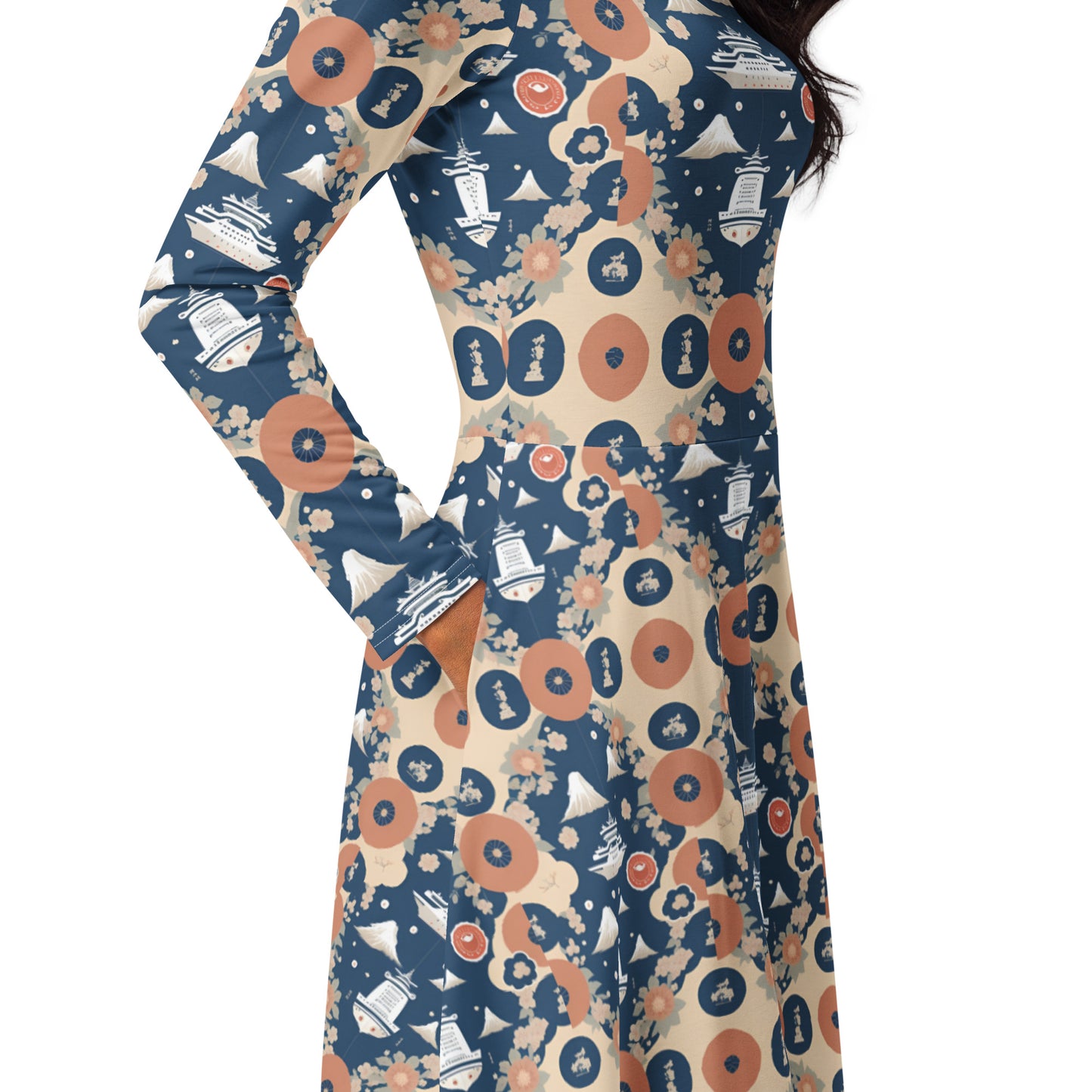 All-over print long sleeve midi dress