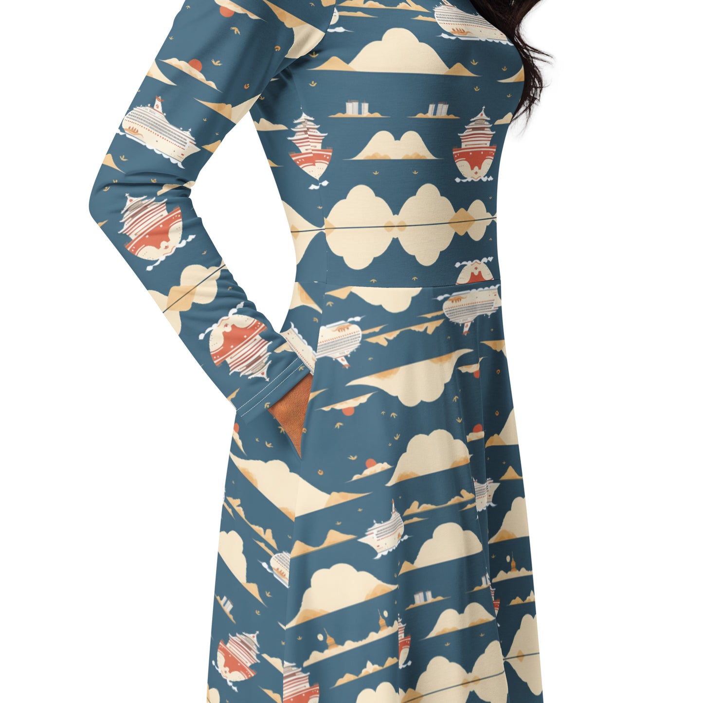 All-over print long sleeve midi dress