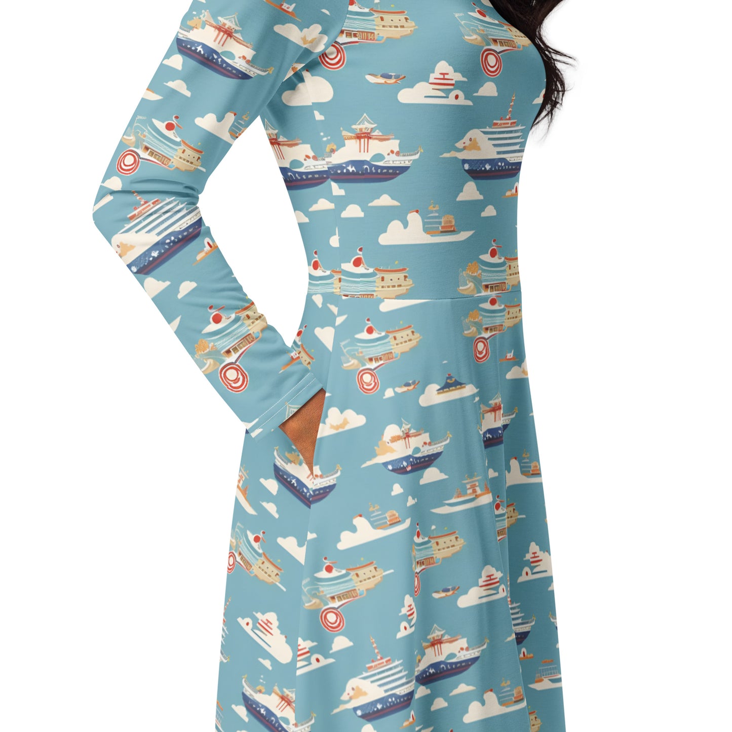 All-over print long sleeve midi dress