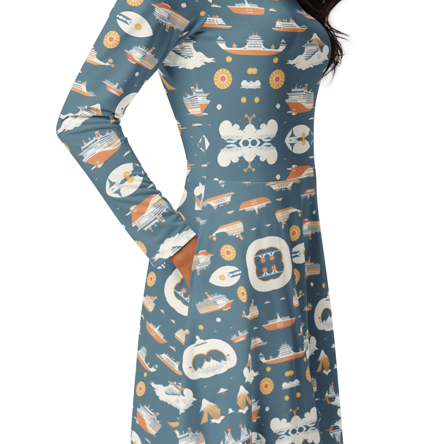 All-over print long sleeve midi dress