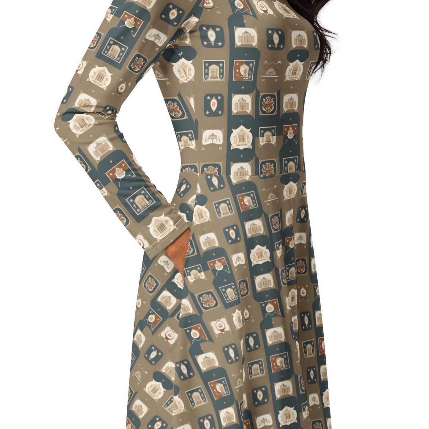 All-over print long sleeve midi dress