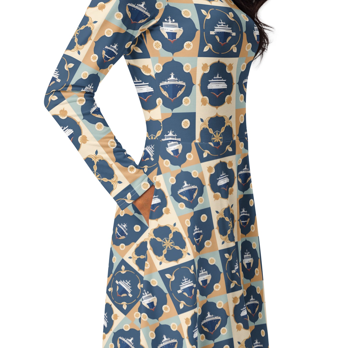 All-over print long sleeve midi dress