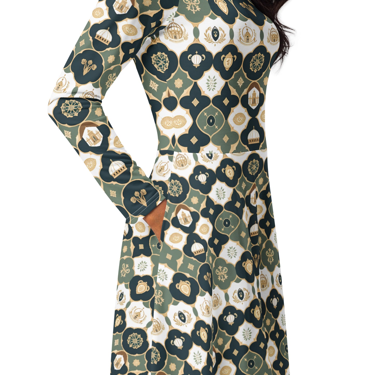 All-over print long sleeve midi dress