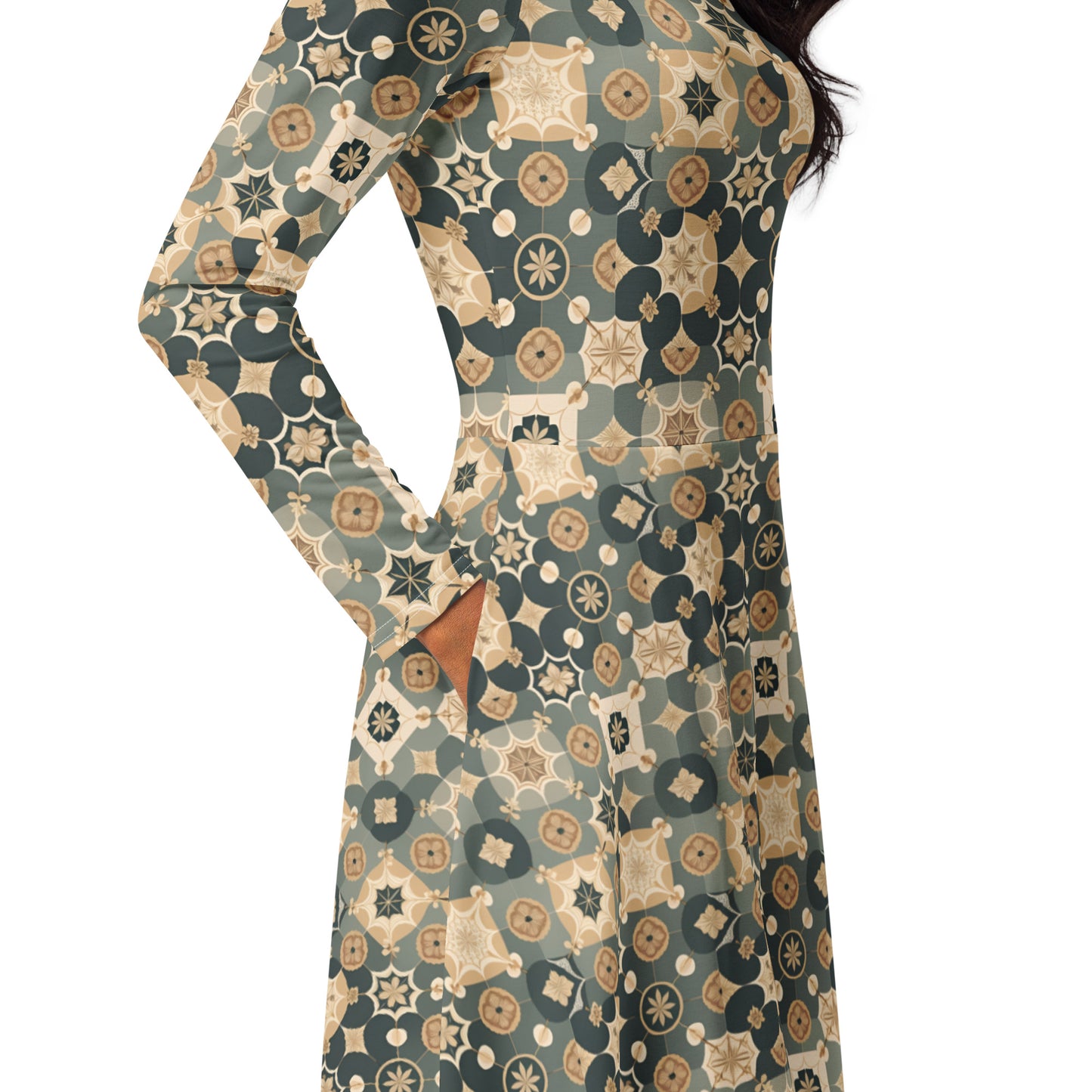 All-over print long sleeve midi dress