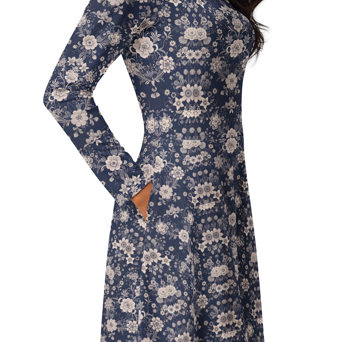 All-over print long sleeve midi dress