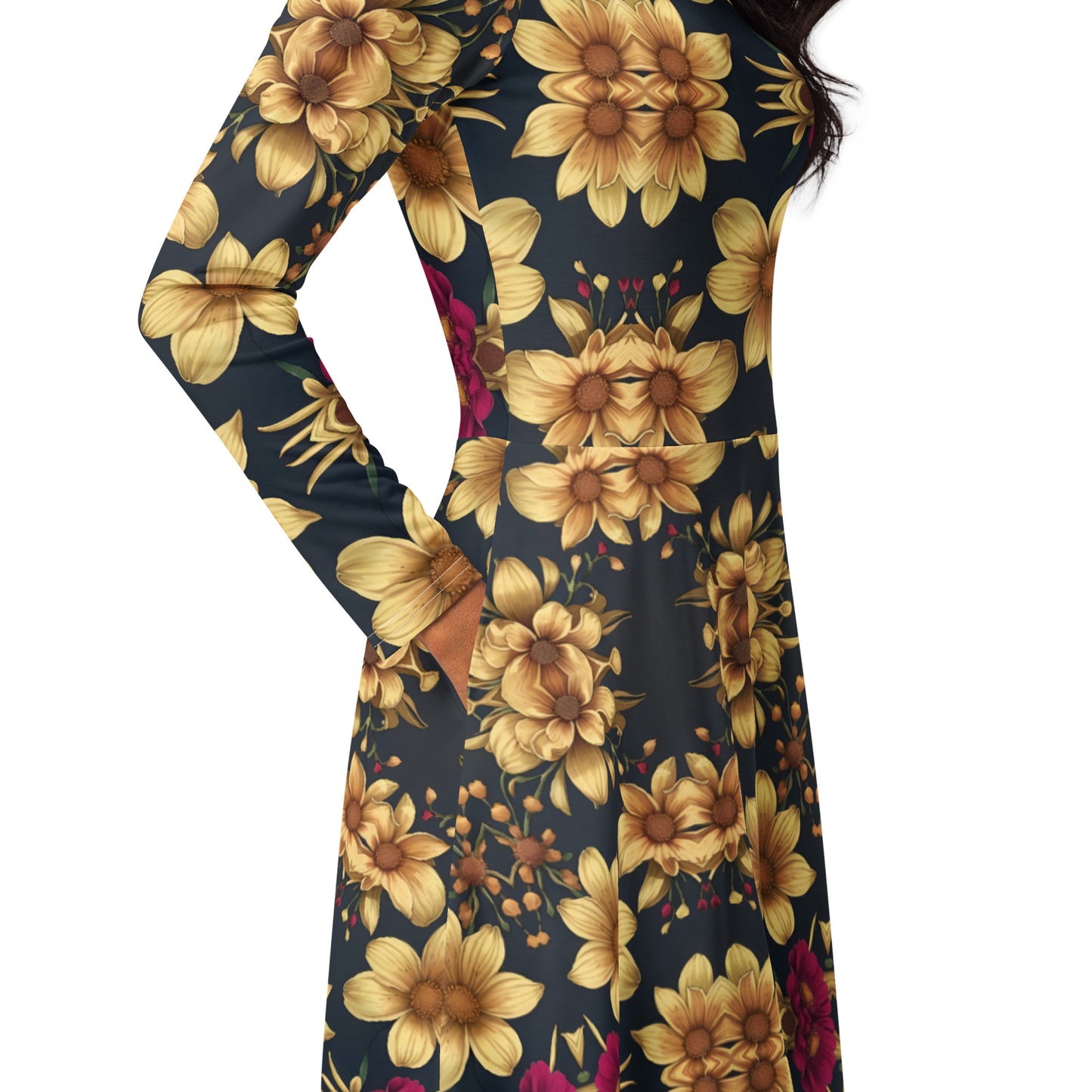 All-over print long sleeve midi dress