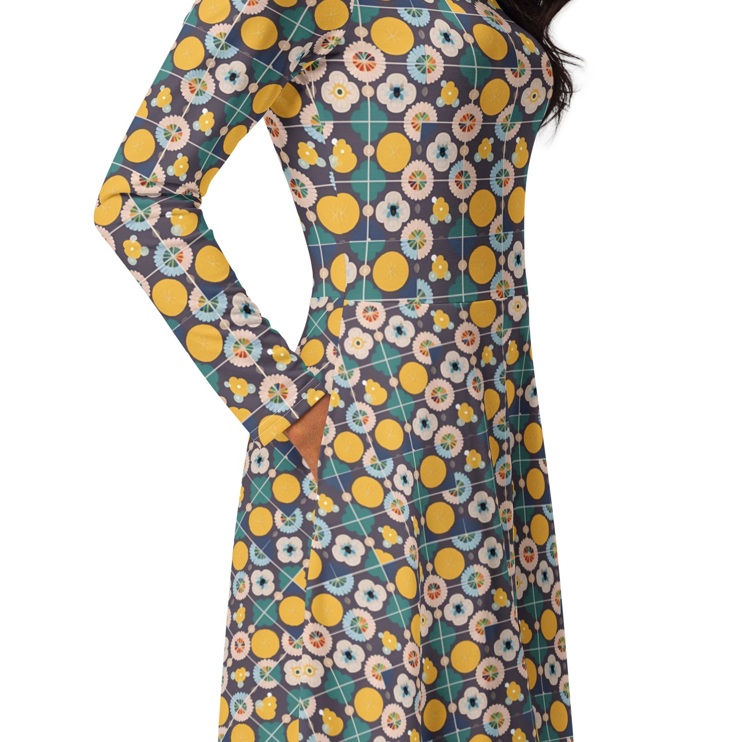 All-over print long sleeve midi dress