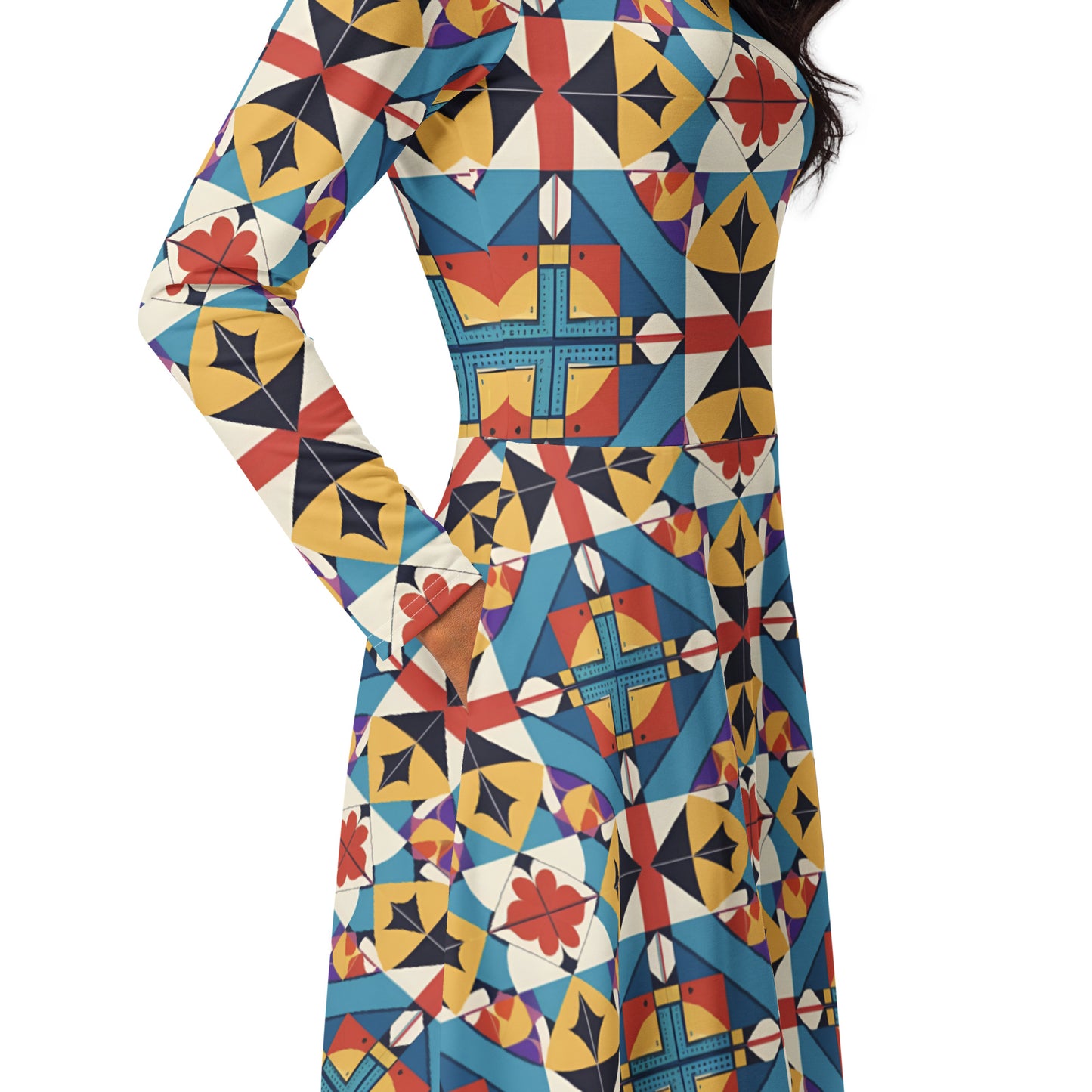 All-over print long sleeve midi dress