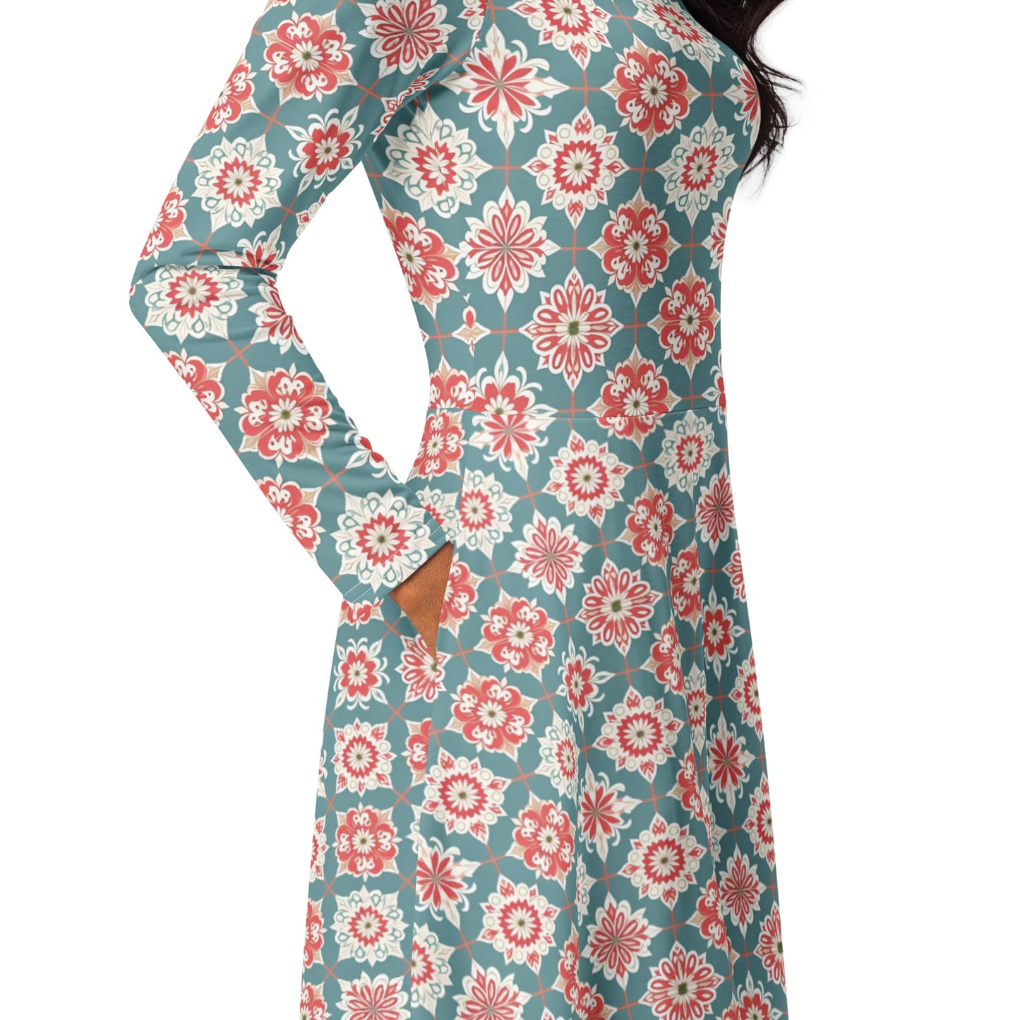 All-over print long sleeve midi dress