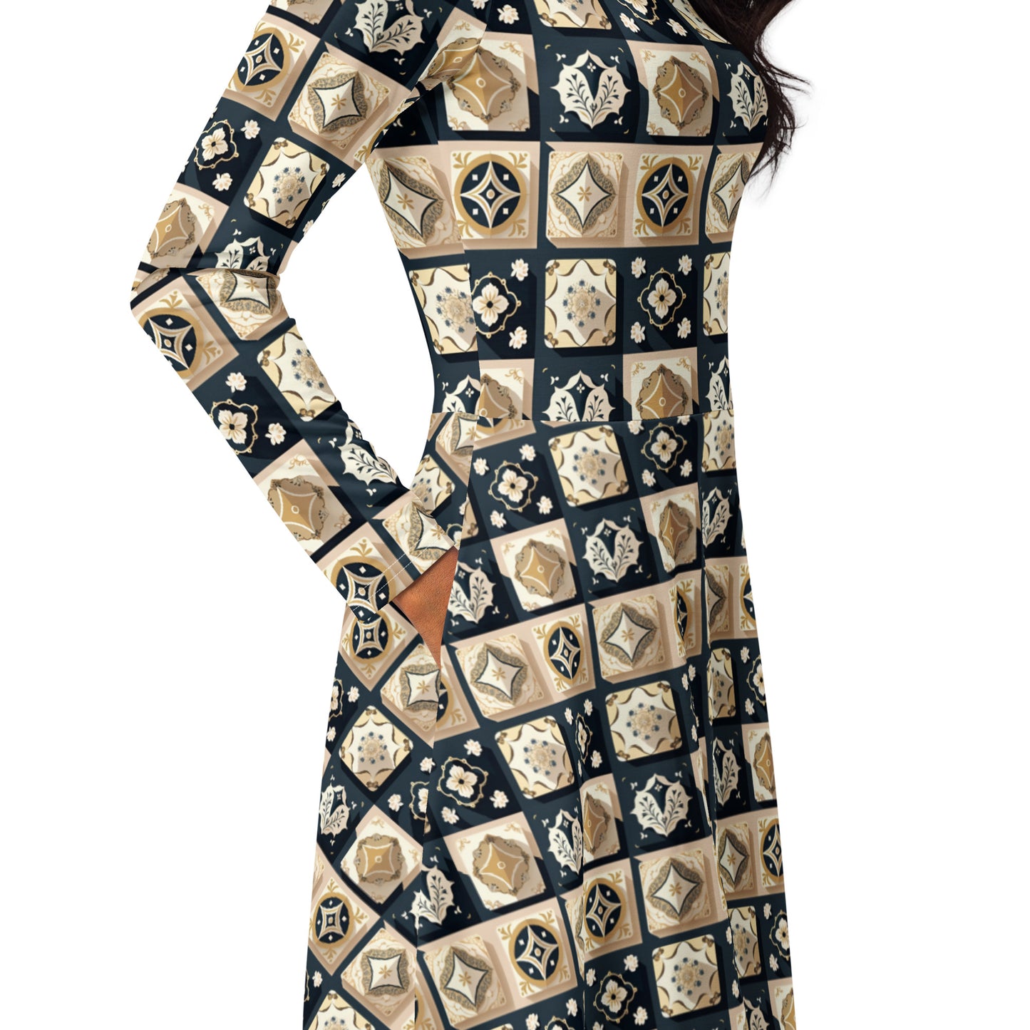 All-over print long sleeve midi dress