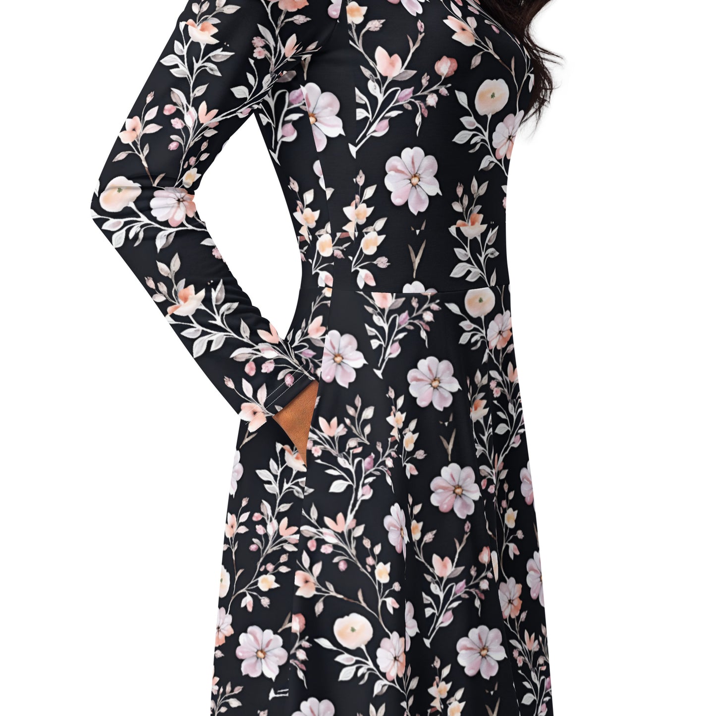 All-over print long sleeve midi dress