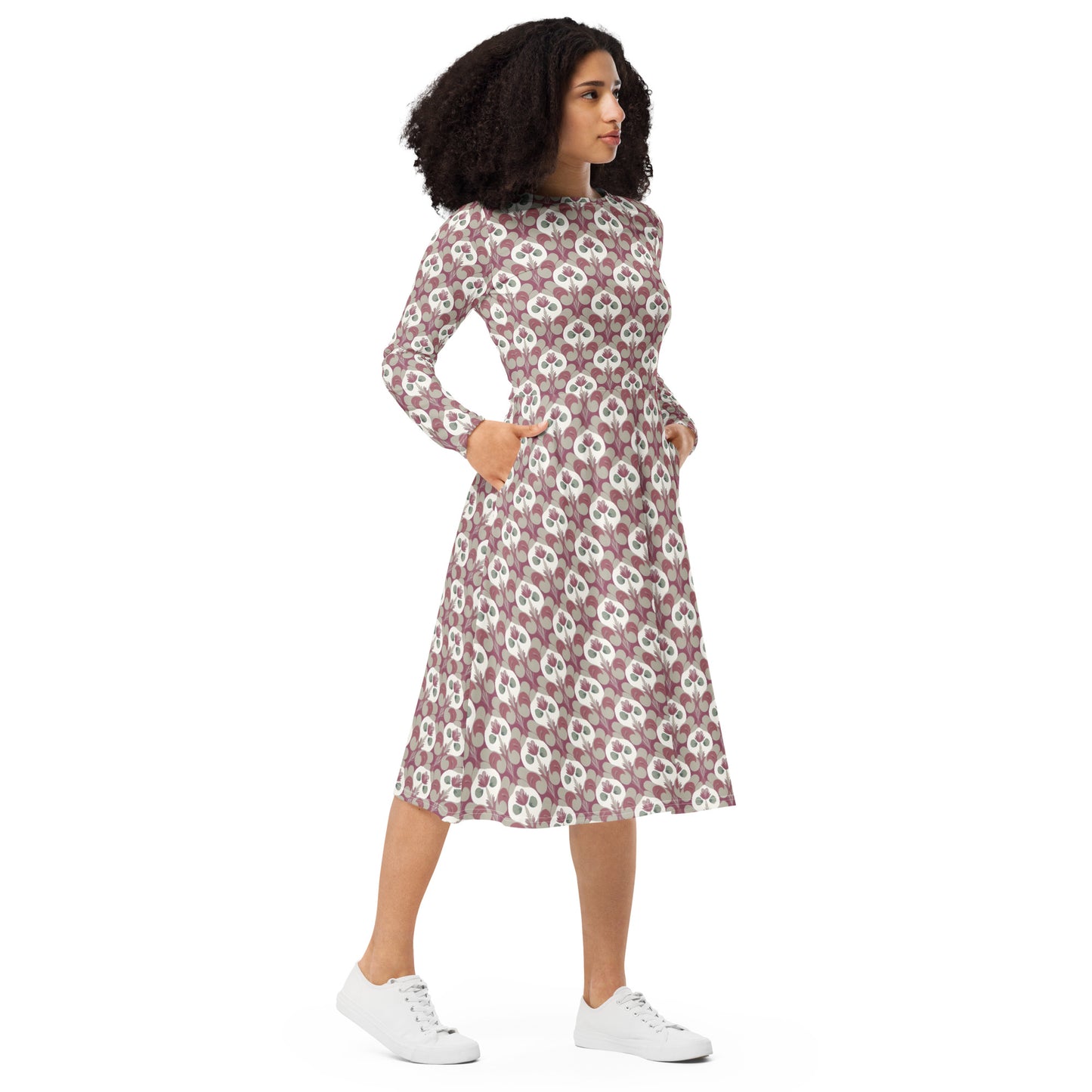 All-over print long sleeve midi dress