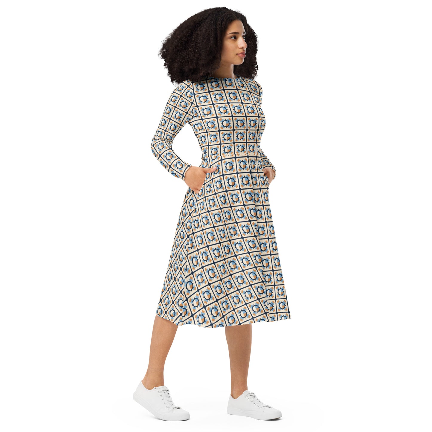 All-over print long sleeve midi dress